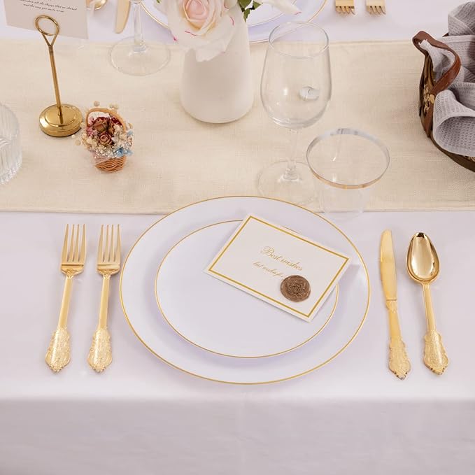 KIRE 100PCS Disposable Plates - White with Gold Rim for Thanksgiving Party/Wedding - Includes 50Pieces 10.25inch Dinner and 50Pieces 7.5inch Dessert/Salad Plates