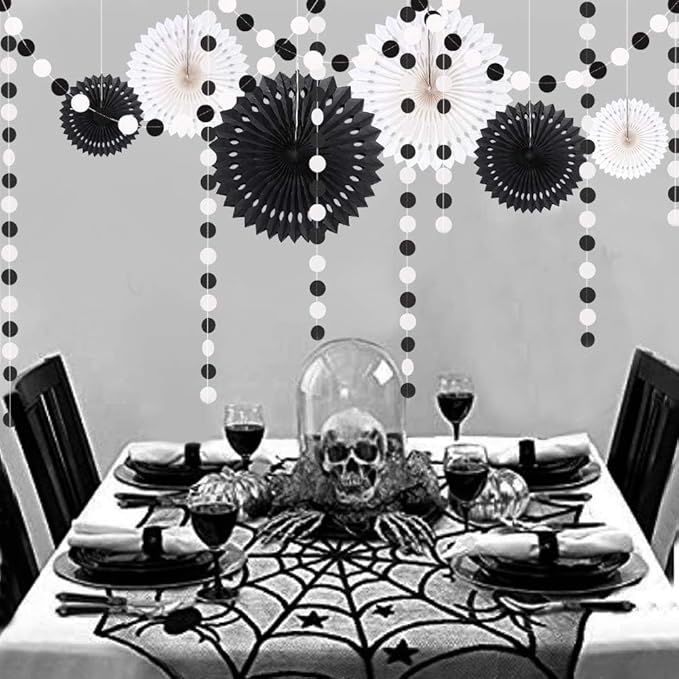 Cheerland Black White Party Decorations Hanging Paper Fans Garland Kit Gothic Decor Wedding Decoration Halloween Birthday Backdrop Baby Shower Goth Casino Emo Spooky Haunted House Party Supplies