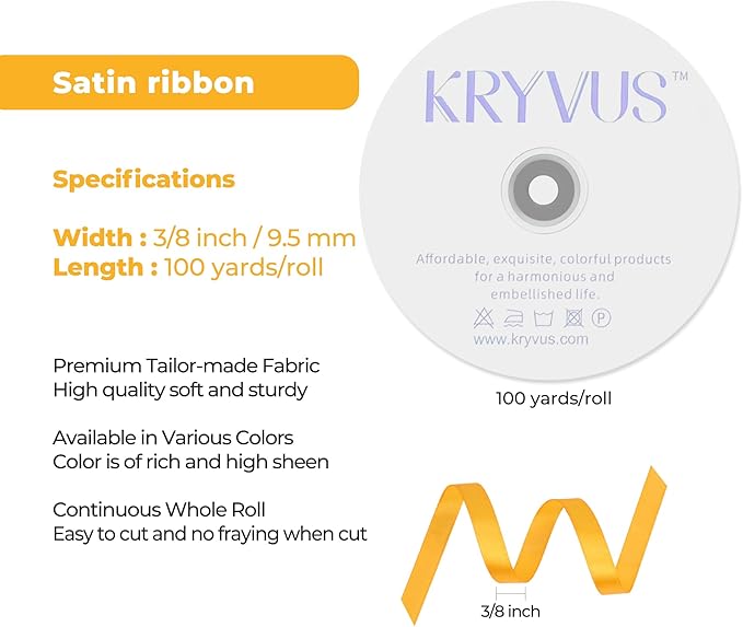 Yellow Satin Ribbon 3/8 inch X Continuous 100 Yards, Single Face Polyester Ribbon Perfect for Gift Wrapping, Flower Bouquet, Wedding Decor, Crafts, Bow Making, Sewing and More