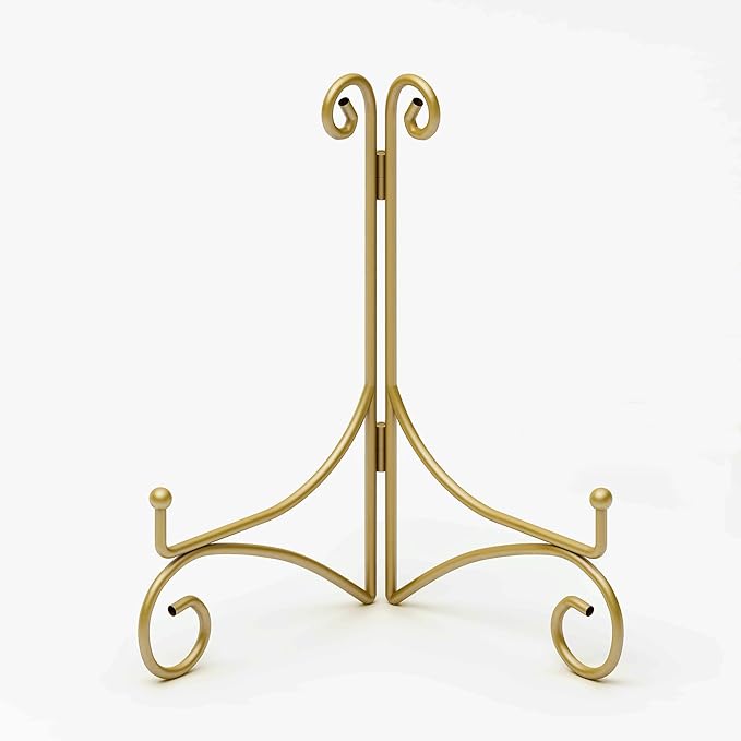 Plate Stand for Display with Hinged Folding Design, 6 Inch Picture Stands for Tables, Small Easels for Displaying Book, Art Piece, Photo and Platter, 6’’ Gold, 2-Pack
