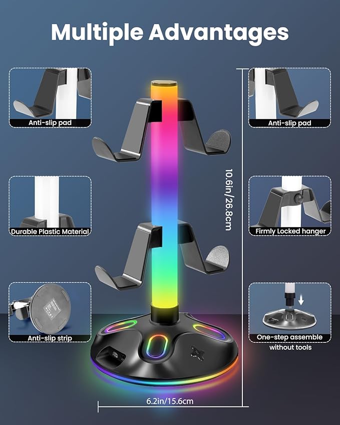 RGB Headphone Stand for Desk, Innovative Headset Stand with 9 Light Modes - Controller Holder with USB Charging and Type-c Port, Gamepad Earphone Accessories (Black)