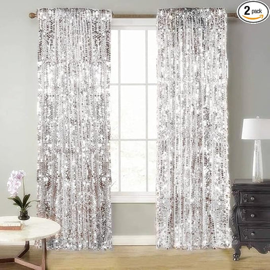 9FTx9FT Silver Big Sequin Backdrop Curtains Panels Drapes Home Party Supplies Sequin Background for Parties Shimmer Wall Backdrop Cloth and Thanksgiving Christmas