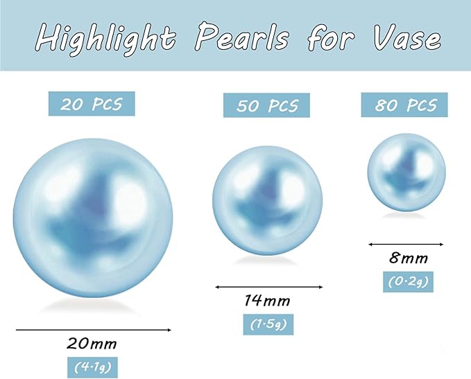 150Pcs Light Blue Polished No Hole Faux Pearl Beads for Vase Filling Decorations, Plastic Pearls Vase Fillers, Table Scatters, Wedding Centerpiece, Home Decor, 8/14/20 mm