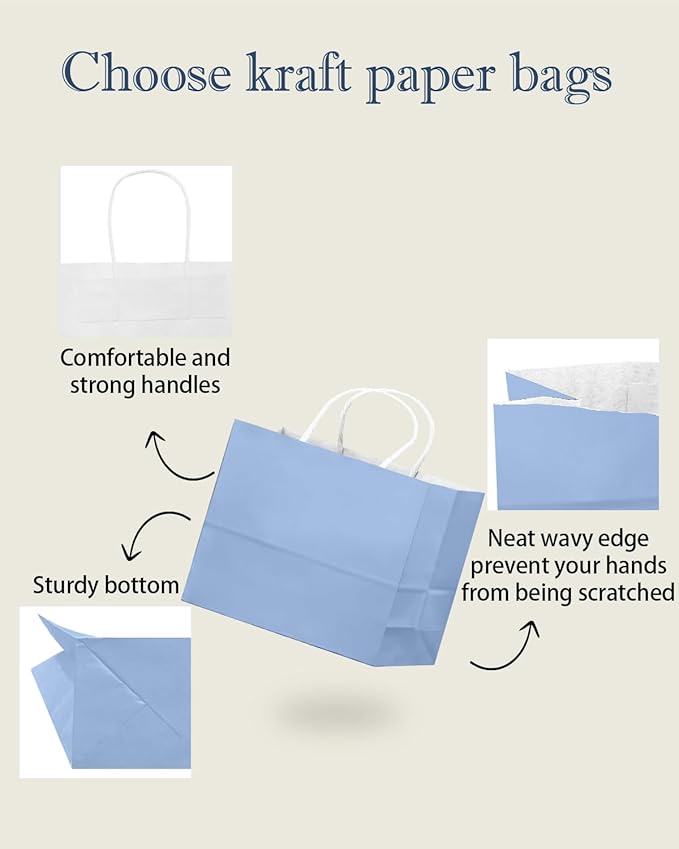 qiqee 50-Packs Light Blue Paper Gift Bags with Handles Bulk 12.6"x4.3"x10" Wide Large Size Party Favor Bags Multiple Uses