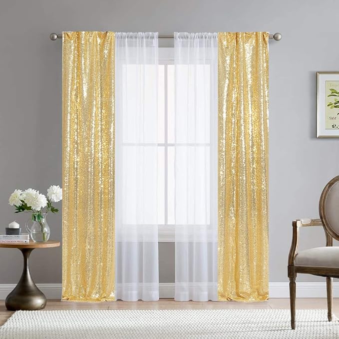 SquarePie Sequin Curtain 2 Panels 2FT x 8FT Gold Backdrop for Wedding Party Christmas