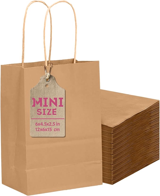 qiqee 25 Pcs Brown Mini Gift Bags with Handles 6"x4.5"x2.5" Small Paper Kraft Party Treat Bags