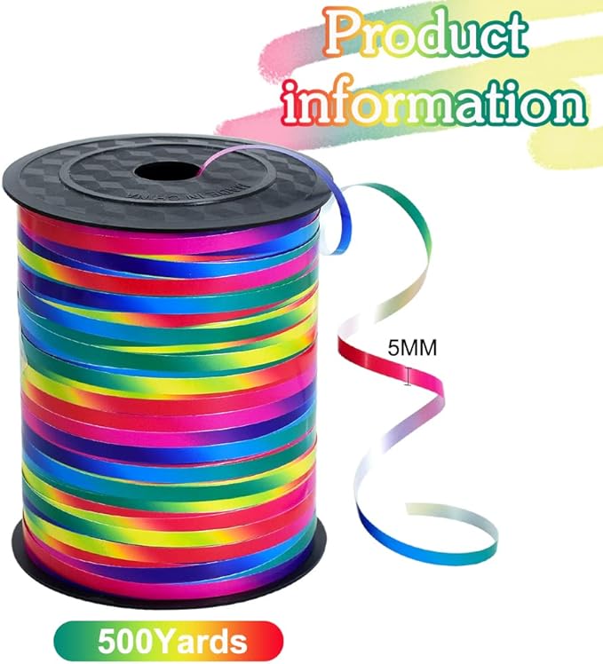 BEISHIDA 500 Yards Rainbow Curling Ribbon Balloon String, Multicolor Balloon Ribbon for Crafts Colorful Crimped Curling Ribbon for Gift Wrapping Party Festival Art Florist Flowers Decoration Supplies