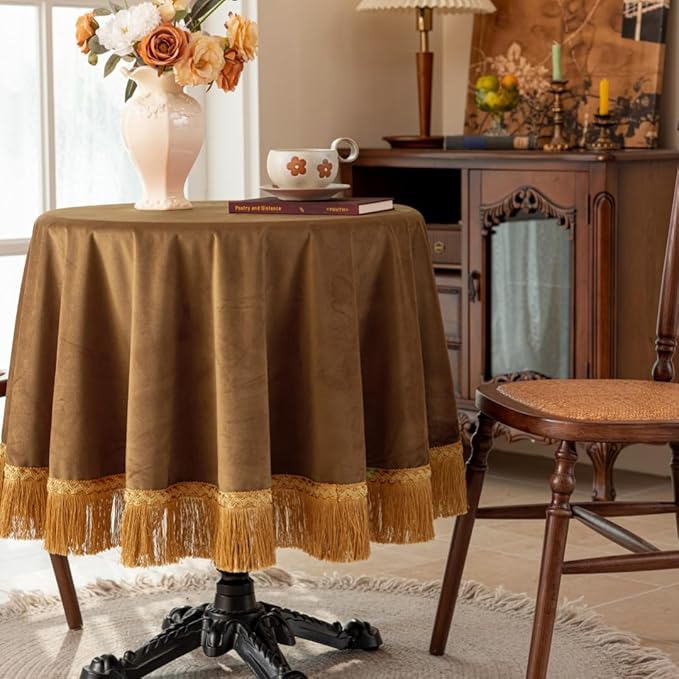 F-CHU Camel Tablecloth Thickset Velvet Tablecloth with Beautiful Gold Tassels Vintage Table Cloth for Home Decor Wedding, Party, Banquet and Events 70" Round