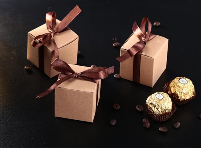 AWELL Kraft Gift Candy Box Bulk 2x2x2 inches with Brown Ribbon Party Favor Box,Pack of 50
