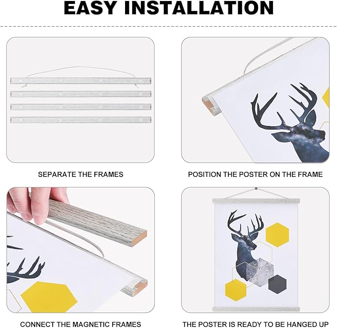 Magnetic Poster Hanger, 9x12 9x14 9x17 Poster Frame Wood Wooden Magnet Print Posters Dowel Scroll Hanger Hangers Hanging Kit for Walls Map Canvas Artwork (Grey, 9")
