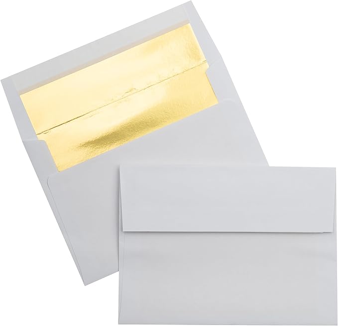 LUXPaper A7 Foil Lined Invitation Envelopes | Peel & Press | 5 1/4" x 7 1/4" | White w/Gold LUX Lining | 60lb. Text | 50 Qty