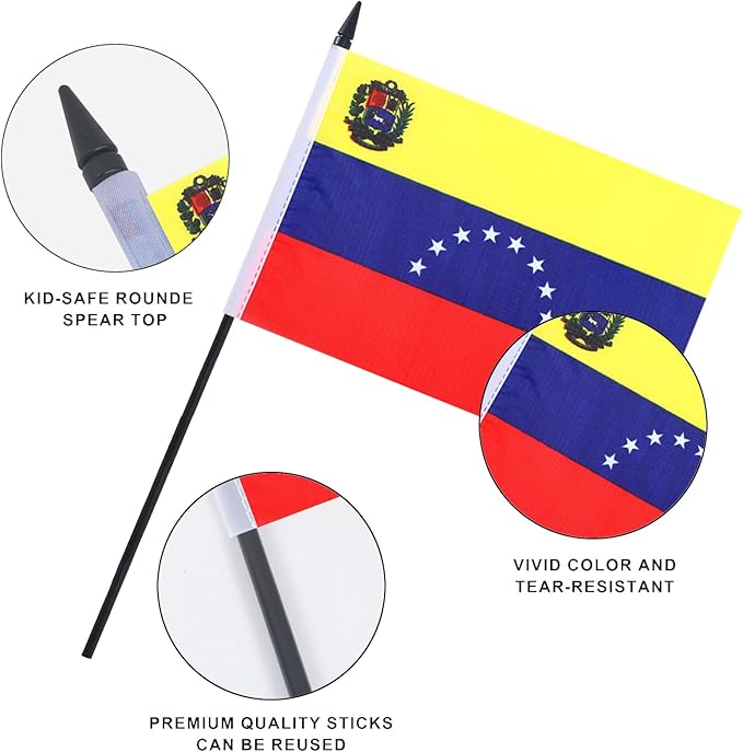 Venezuela Desk Flag 12" Solid Pole Deluxe Set Venezuelan Flags Banner Mini Small Venezuela Office Table Flags with Black Stand Base Desktop Decorations(2Pack)