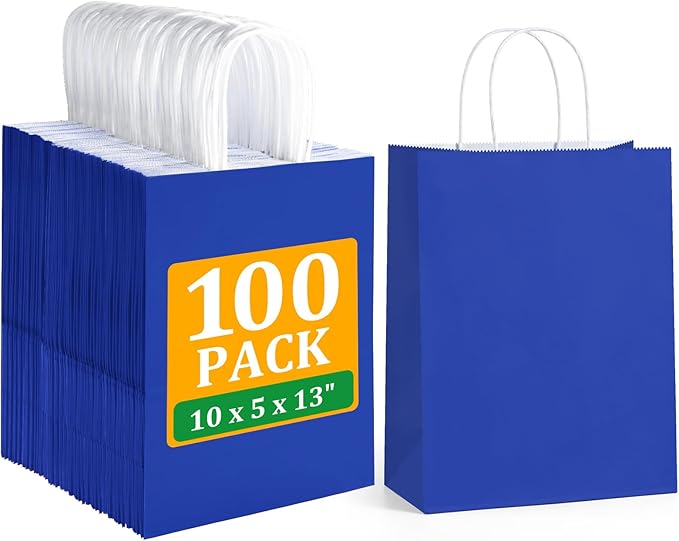 BagDream Royal Blue Gift Bags 10x5x13 Inch 100Pcs Large Kraft Paper Bags Bulk for Shopping, Wedding, Party Favors, Business, Retail, Grocery Paper Sacks with Handles