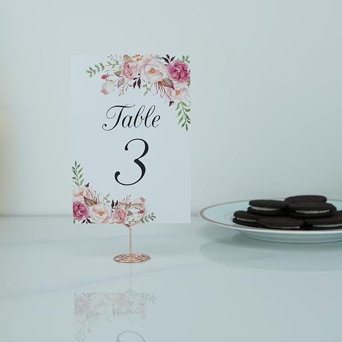 20pcs Mini Place Card Holders, Wire Table Picture Photo Holders with Heart Shaped Menu Memo Clips for Wedding Favors (Rose Gold)