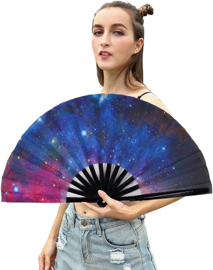Amajiji Large Folding Hand Rave Fan Popping Fan for Line Dancing Clacking Fans for Boots On The Ground Dance,Party,Decoration,Festival (Starry sky)