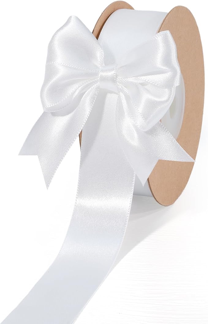 LaRibbons White Satin Ribbon 1 Inch 50 Yards Luxury Double Faced Silk Ribbon for Flower Bouquet Crafts Gift Wrapping Wedding Christmas Decoration
