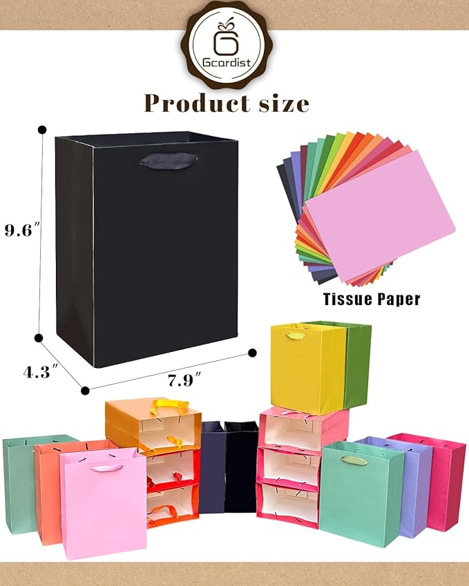 Gcardist 16 Colors Gift Bags with Tissue Paper for Wedding, Birthday, Party Supplies-7.9"x4.3"x9.6" Light Color Series Medium Size Cardboard Gift Bags （16pcs Bags +32pcs Tissue Paper ）