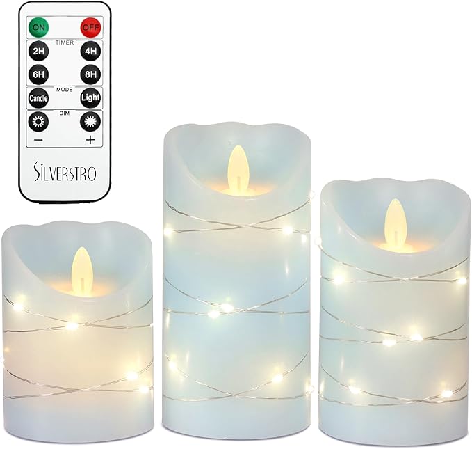 Silverstro Nautical Flameless Candles with String Lights Flickering Blue Battery Operated Candles with Remote Control & Timer - Home Farmhouse Holiday Ocean Decor - Set of 3