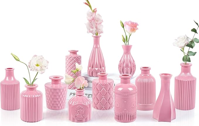Baby Pink Glass Bud Vases Set of 12, Mini Flower Vase for Centerpieces, Small Vases in Bulk for Wedding Decoration, Vintage Vase for Baby Shower Centerpieces, Home Décor