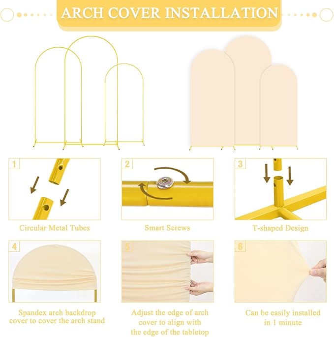 Wedding Arch Stand with Beige Spandex Fitted Arch Backdrop Cover Set 6FT 6.6FT 7.2FT Round Top Chiara Backdrop Stands and Covers for Birthday Party Baby Shower Banquet Decoration