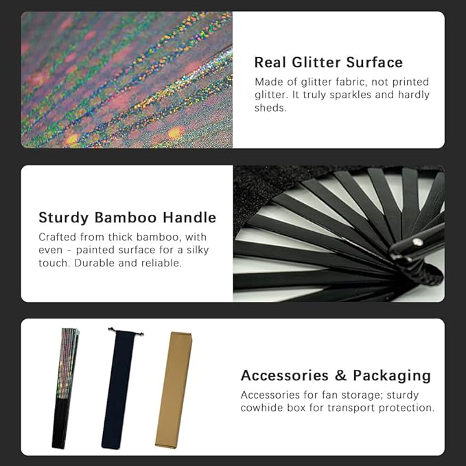 Large Rave Fan, Clack Folding Hand Fan with Premium Fabric, Thick Bamboo Frame for Men Women Gift for EDM, Festival, Club, Party, Dance, Decoration (Lridescent Light, 13")