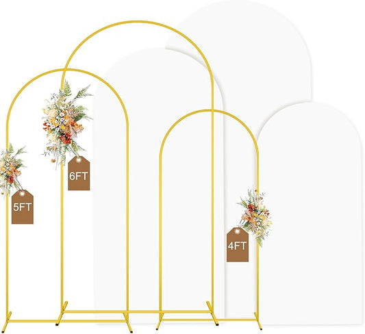 MODFUNS Metal Arch Backdrop Stand and Cover Set 4&5&6ft Gold Arch Backdrop Stand and White Arches Cover Balloon Arched Backdrop Frame with Covers for Wedding Ceremony Birthday Party Decor