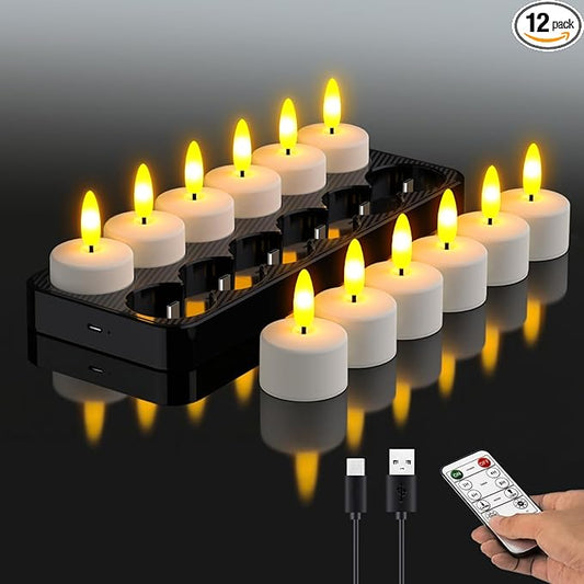 HL Rechargeable LED Tea Lights with USB Charging Base & Remote Timer - Battery Operated Flameless Flickering Votive Candles for Weddings, Emergency, Halloween, and Christmas Decorative 12pcs