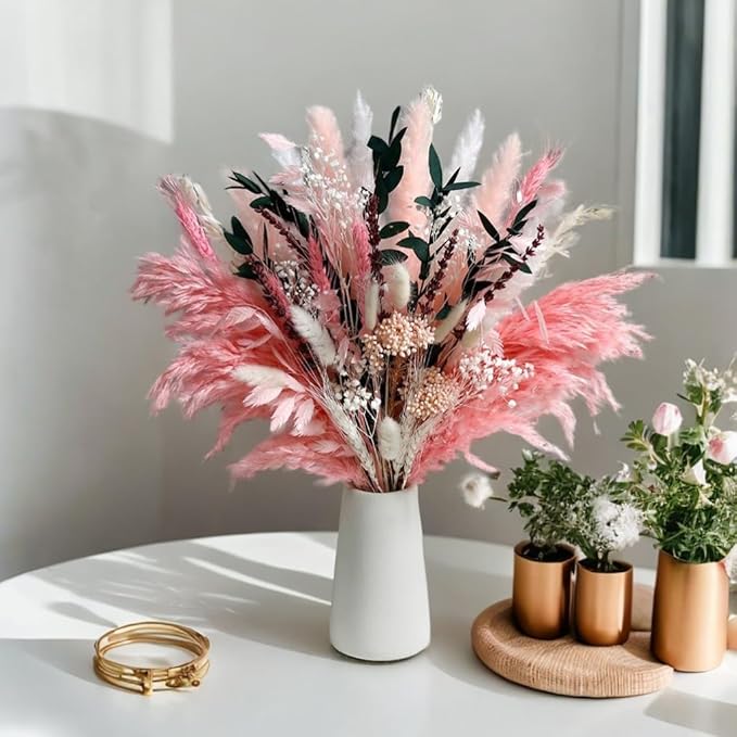 Pink Pampas Grass Dried Flowers Bouquet for Home Decor, Wedding Decor, Boho Style Floral Arrangement Without Flower Vase