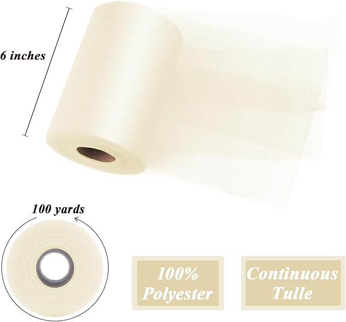 Ivory Tulle Fabric Roll 6" by 100 Yards (300 ft) Soft Tulle Spool for DIY Crafting Favor Supplies, Tutus, Wedding, Party Decorations, Gift Wrapping