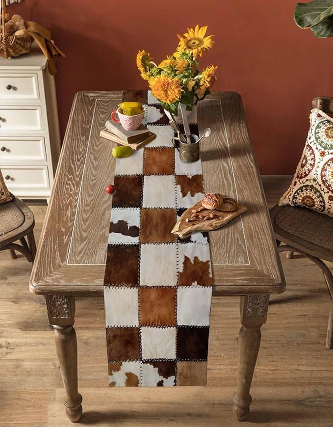 Abstract Cowhides Cotton Linen Table Runner for Dining Kitchen, Wedding Outdoor Party Tablerunners Decoration, Brown Beige Animal Fur Texture Dresser Scarf Coffee Tablecloth Runners 13x120 Inches