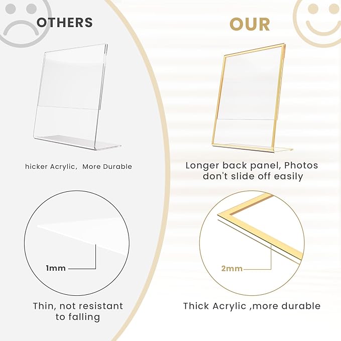 Acrylic Gold Frames 4 x 6, Slanted Back Gold Picture Frames Table Acrylic Sign Holder for Photos Wedding Table Numbers and Art Display with Removable Clear Sticky Dots,6 Pack