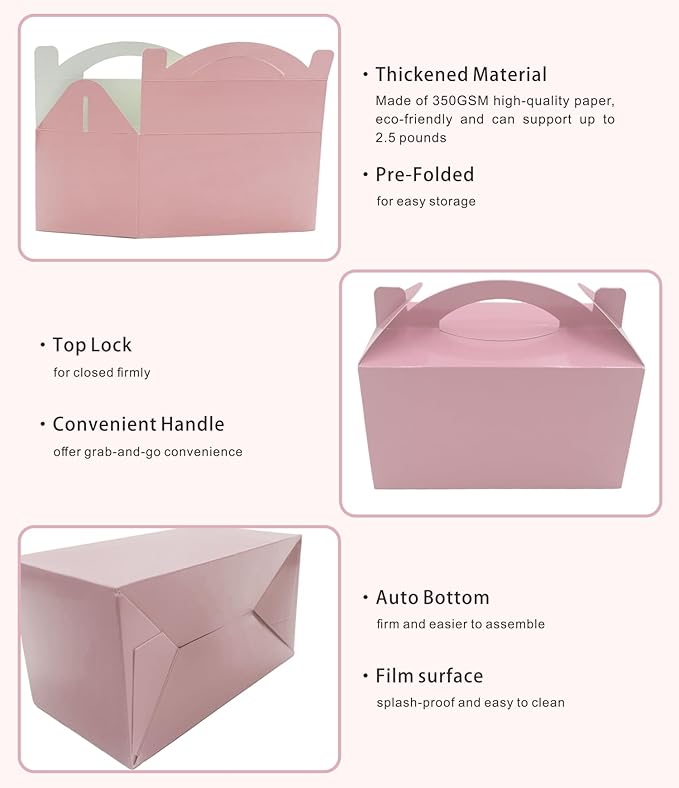 TIMESEEK 30-Pack Blush Pink Gable Treat Boxes with Handles - 6" Pop-Up Party Favor Gift Boxes for Birthday, Wedding, Baby Shower, Eco-Friendly Candy, Cookie, Goodie Bags for Kids, Bachelorette Decor