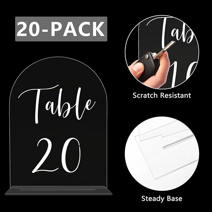 JOYIT Arch Wedding Table Numbers 1-20 with Stands – 5" X 7" Acrylic Table Signs with Clear Background White Text, Perfect Acrylic Table Numbers for Wedding Receptions, Parties, Anniversaries, and Events