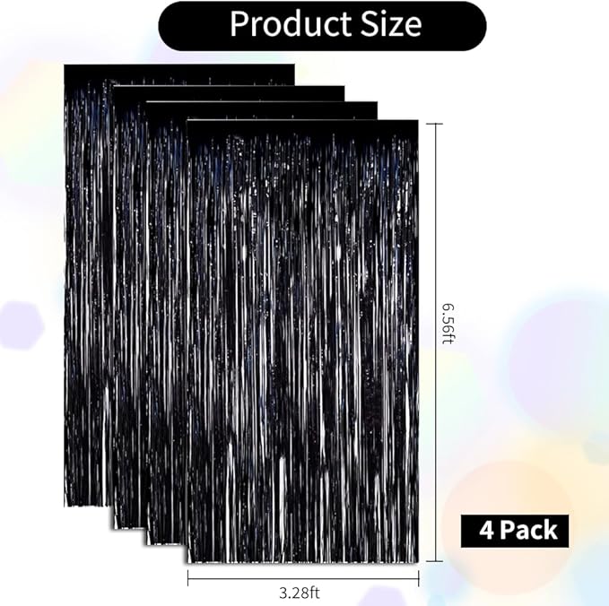 BEISHIDA 4 Pcs Black Door Streamers Tinsel Curtain Party Streamers Backdrop Fringe Foil Wall Background for Birthday Halloween Christmas Wedding Party Decoration(3.28 ft x 6.56 ft)