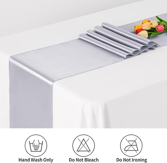 12 Pack Silver Satin Table Runner,12 x 108 inch Long Premium Smooth Table Runner for Wedding, Banquets, Birthday, Party, Graduation, Engagements, Table Runners fit Rectangle and Round Table