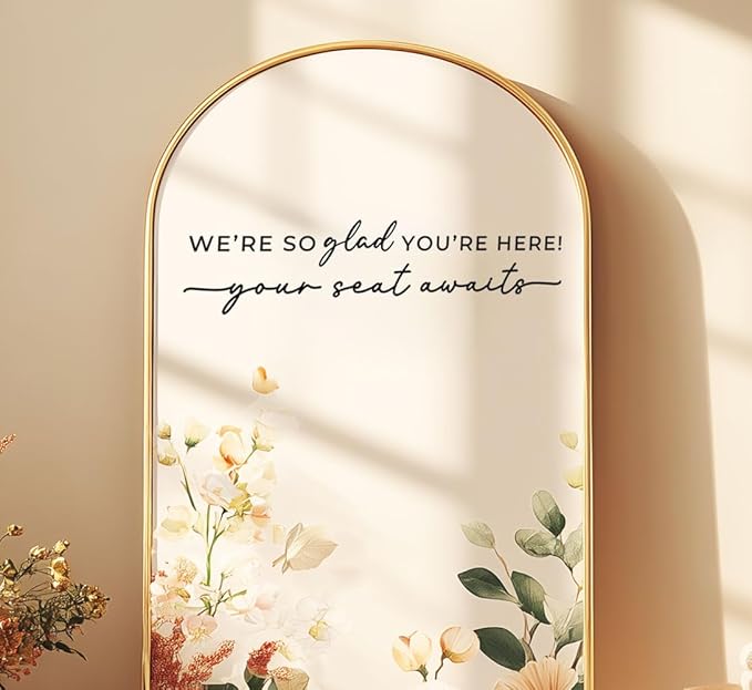 Wedding Sign Decal, Seating Chart Decal, Welcome Vinyl Wedding Mirror Decor, We're So Glad You're Here Seating Chart, Your Seat Awaits (Black, Width 20 inch)