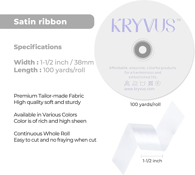 White Satin Ribbon 1-1/2 inch X Continuous 100 Yards, Single Face Polyester Ribbon Perfect for Gift Wrapping, Flower Bouquet, Wedding Decor, Crafts, Bow Making, Sewing and More