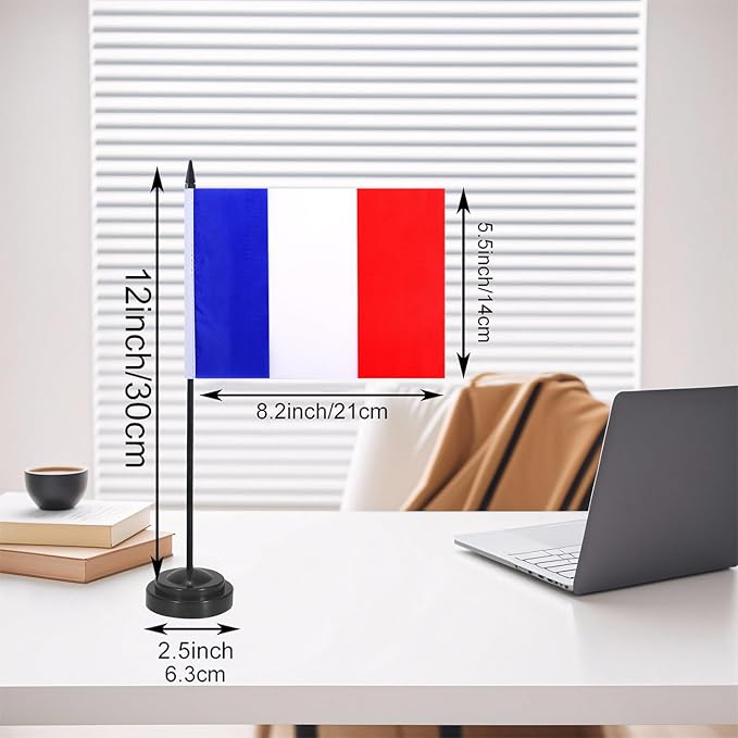 France Desk Flag 12" Solid Pole Deluxe Set French Flags Banner Mini Small France Office Table Flags with Black Stand Base Desktop Decorations(2Pack)