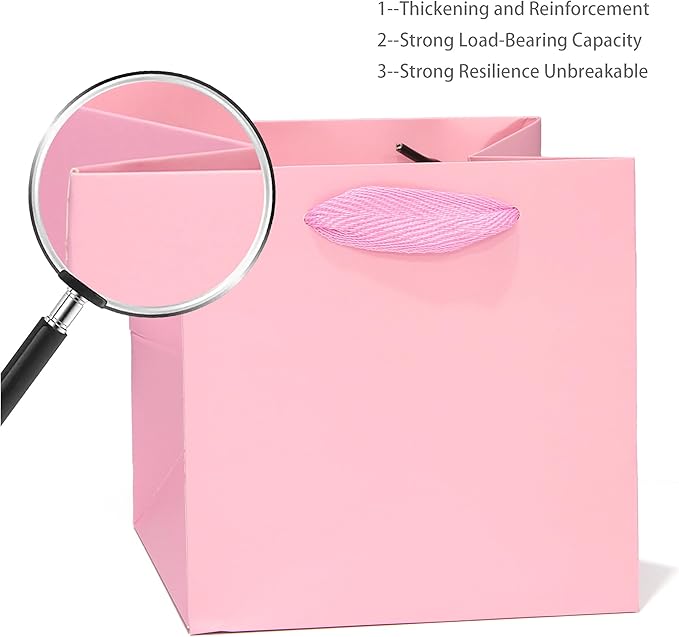 Pink Paper Gift Bag Small Square Bottom Paper Bags With Handles(Pink, 6 x 6 x 6 in, 10 CT)