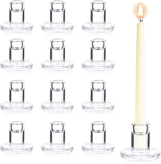 12-Pack Clear Taper Candle Holders, Glass Candlestick Holders for Tapered Candles, 2.2" H with 2.7" Base - Bulk Glass Candle Sticks for Weddings, Tables, Fireplace Mantel Decor