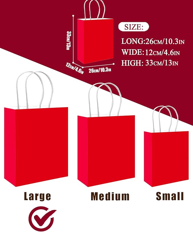 qiqee 50-Packs Red Paper Gift Bags with Handles Bulk 13"x10.3"x4.6" Large Size Party Favor Bags Multiple Uses