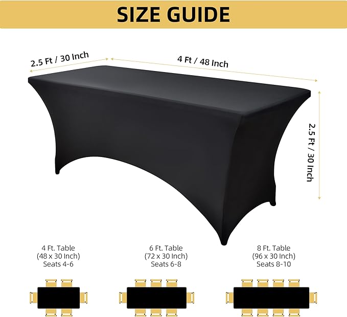 2-Pack 4ft Black Spandex Table Covers for Rectangular Folding Tables - Wrinkle Resistant Stretch Tight Table Cloths - Ultimate Fitted Table Protector for Parties, Banquet, and Wedding