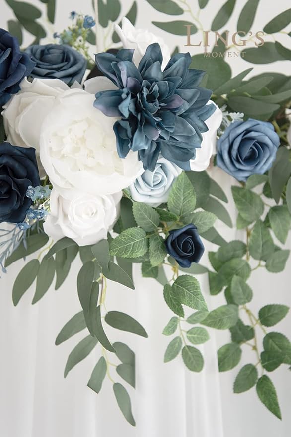 Ling's Moment 6.5FT Backdrop Floral Garland, Spring Artificial Wedding Arch Flowers Sage Green, Navy Blue Ceremony Reception Hanging Eucalyptus Rose Arbor Arrangement Outdoor Beach Swag Home Decor