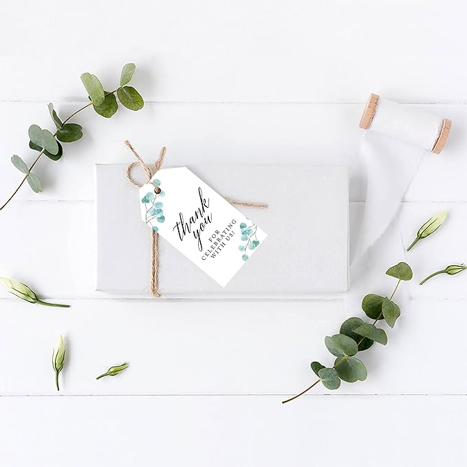 Andaz Press 100-Pack Thank You for Celebrating with Us Favor Tags Silver Dollar Eucalyptus Cardstock Gift Tags with Bakers Twine for Wedding Baby Shower Bridal Shower Party Favors 2 x 3.75-Inches