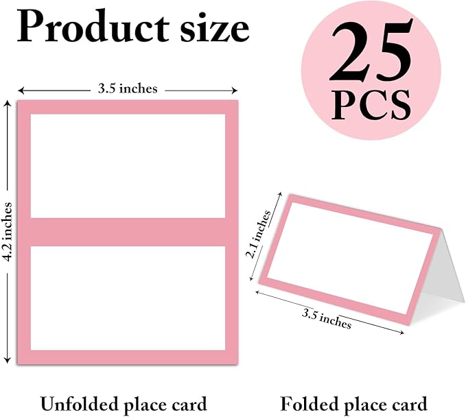 25 Pack Blush Pink Border Place Cards, Editable Name Cards for Table Setting, Tent Cards Food Label for Dinner Party, Bridal Shower, Wedding, Baby Shower and Events -T23