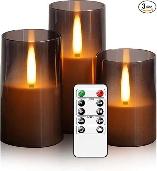 Flameless LED Candles, Upgraded Realistic Flickering Pillar Battery Operated Candles with Remote Timer, Acrylic Electric Set of 3 for Romantic Ambiance and Home Decoration（Grey）