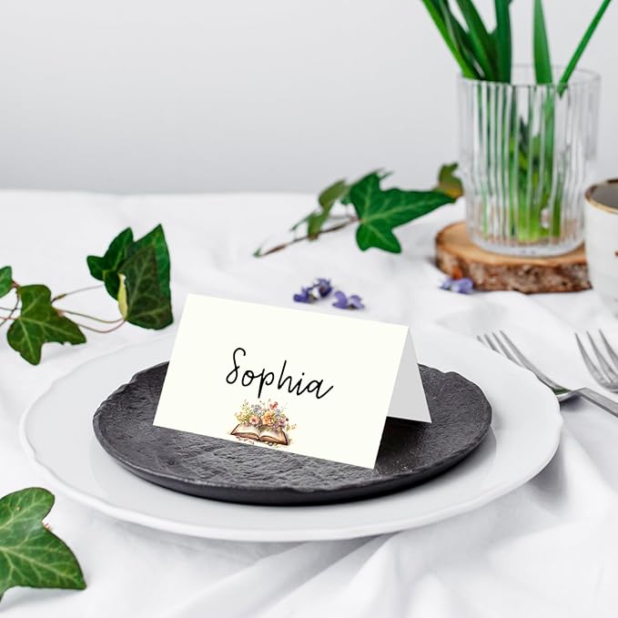 25 Pack Floral Book Theme Place Cards, Editable Name Cards for Table Setting, Tent Cards Food Label for Dinner Party, Bridal Shower, Wedding, Baby Shower and Events -T04