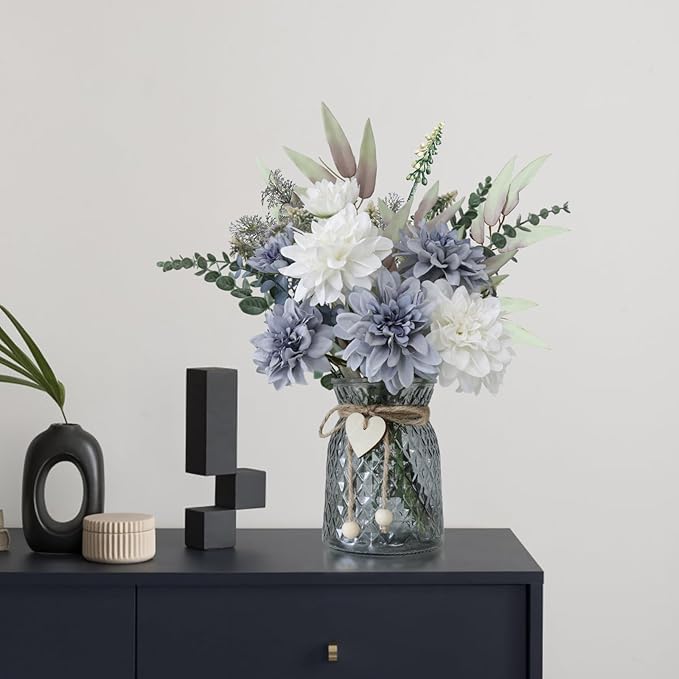 Fake Flowers in Vase,8 Dahlias,Silk Artificial Flowers in Vase,Centerpiece Table Decorations,Faux Flowers in Vase with a Flower Arrangement Holder