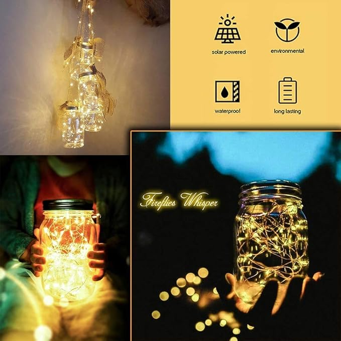 SunKite Solar Mason Jar Lights(NO Jars), 12 Pack 30 LED Waterproof Fairy Firefly Jar Lids String Lights with Hangers, Patio Yard Garden Wedding Decoration - Warm White