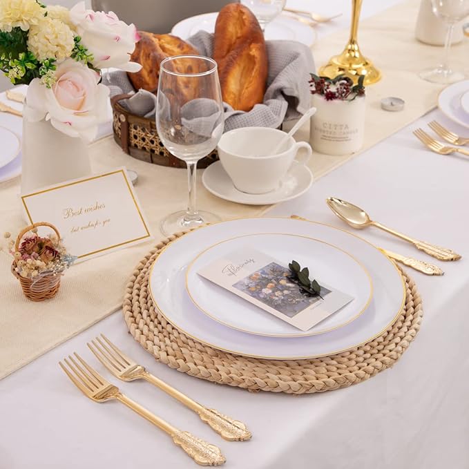 KIRE 100PCS Disposable Plates - White with Gold Rim for Thanksgiving Party/Wedding - Includes 50Pieces 10.25inch Dinner and 50Pieces 7.5inch Dessert/Salad Plates
